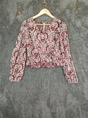 Anthropologie Jacquard Peasant Blouse Burgundy Sheer Ballon Sleeves Boho thumbnail 3