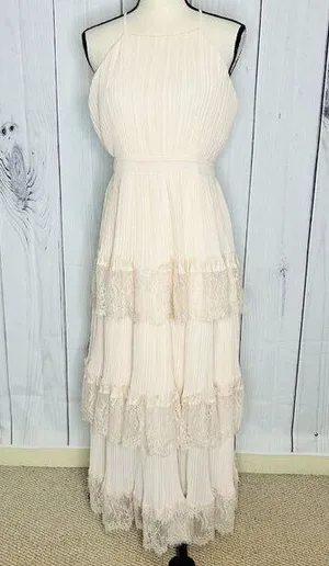 NWT Just Me Women's Pink Lace Ruffle Tiered Boho Sleeveless Pleated Dress Size M thumbnail 1