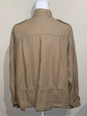 Zara Basic Women’s Size XS Tan 100% Linen Jacket Brown Utility Military Safari thumbnail 3