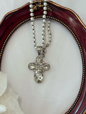 Crystal cross necklace on fashion pearl chain thumbnail 7