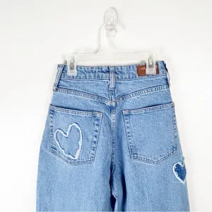 SOCIAL TOURIST Blue Ultra High Rise Baggy Hearts Patches Wide Leg Jeans 26 Boho thumbnail 11