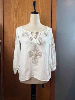 Kye Mi White Embroidered Cotton Peasant Blouse Tassel Top Size Small thumbnail 2