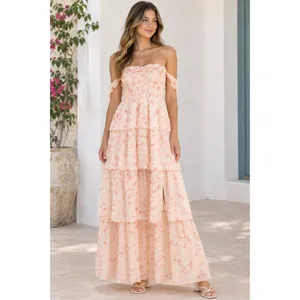 NWT Beivy Orange Floral Off-The-Shoulder Tiered Maxi Dress Size M Boho thumbnail 2