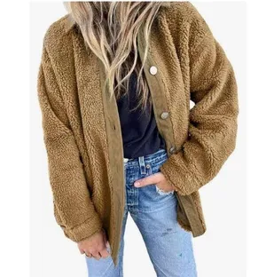 NEW Tan Fleece Jacket Buttons Fuzzy Fleece Sherpa Coat Pockets M thumbnail 1