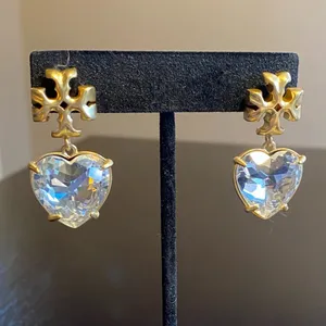 Tory Burch Kira Crystal faceted heart drops hanging from TB logo studs thumbnail 5