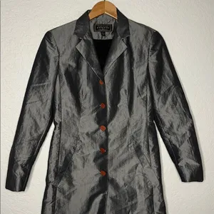 Vintage Express Silver Trench Coat Pockets Nylon Shimmer Y2K Glam Fall Small thumbnail 8