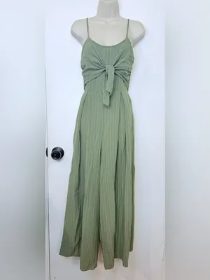 Flying Tomato Wide Leg Pinstripe Tie Front Keyhole Back Strap Jumpsuit Green S thumbnail 3