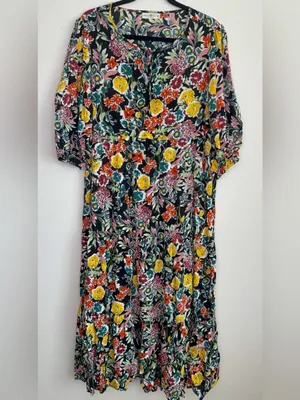 Natural Life Dress Sage V Neck Maxi Tiered Black floral Red Multi Yellow Accents thumbnail 2