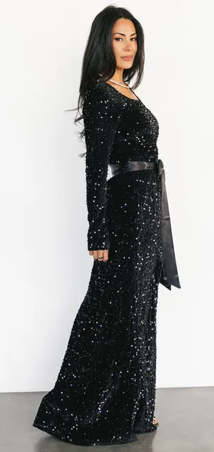 Baltic Born NWOT Julia Sequin Maxi‎ Dress Black Long Sleeve Side Slit L thumbnail 1