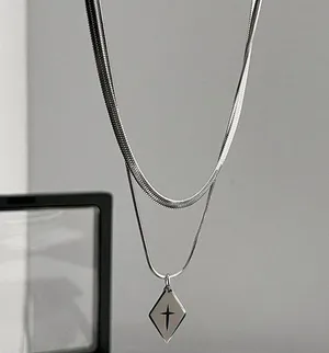 Layered Snake Chain Geometric Rhombus Cross Pendant Necklace for Men Women thumbnail 2