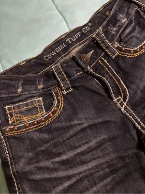 Cowgirl Tuff Dark Wash Black Denim Jeans w/Contrast Stitching size 28w/35L thumbnail 4