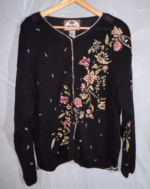 Tiara International Vintage Floral Embroidered Beaded Cardigan Black XL Grandma thumbnail 1