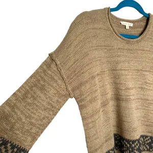 Hem & Thread Tan Knit Gray Fair Isle Stripe 3/4 Length Sleeve Sweater thumbnail 2