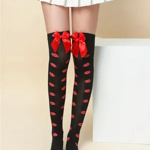 Lips Kiss Mesh Thigh High Stockings Bow Decor Valentines Day Over The Knee Socks thumbnail 5