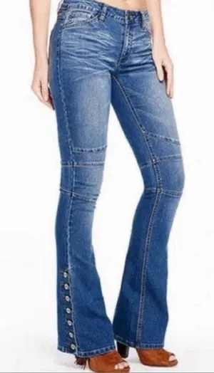 Free People Skylar Button Boho Hippie Bell Bottom Flare Jeans Size 30 Festival thumbnail 1