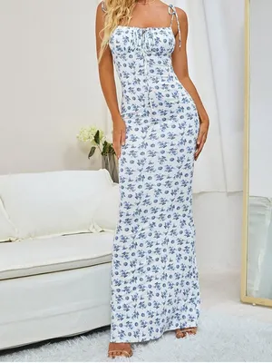 Floral Sleeveless Bustier Spaghetti Strap Bodycon Sexy Long Maxi Dress thumbnail 4