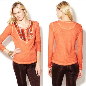 Free People Tiger Eyes Orange Sequin Bib Long Sleeve Henley thumbnail 2