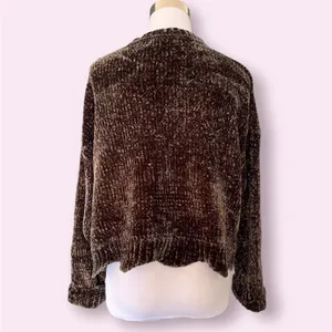 Zara Cropped olive brown chenille oversized wide crew neck sweater M thumbnail 7