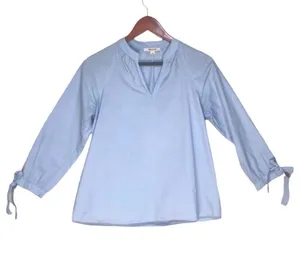 Madewell Light Blue & White Striped Tie-Sleeve Peasant Popover Blouse Top thumbnail 4