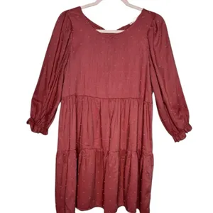 Anthropologie Rust Swiss Dot Tiered Mini Dress Long Sleeve Babydoll M thumbnail 2