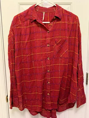 Free People Break My Stride Plaid Gauze Button Up Oversized Boho Festival XS thumbnail 2