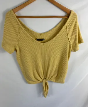 Abercrombie & Fitch Ribbed Slouchy Tie Bottom Crop Top Yellow Size Small thumbnail 1