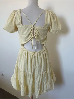 Francesca's butter yellow Puff Sleeve Tiered Mini Dress thumbnail 3