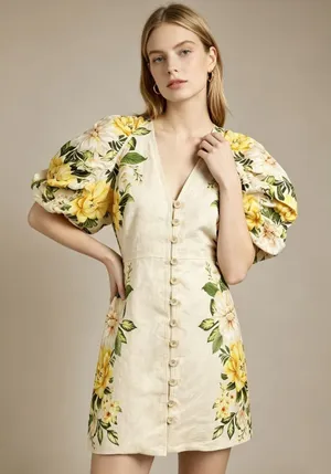NWOT Farm Rio Linen Sand Garden Cascade Puff Sleeves Mini Dress Size L thumbnail 1