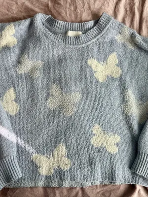 Pink Rose Light Blue Crewneck Sweater with Cream Butterflies thumbnail 1