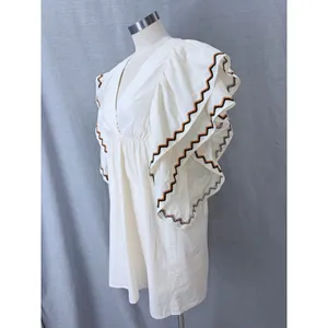 La Lavon Mini Dress Cream Embroidered Flutter‎ Sleeve Empire Waist Large L thumbnail 2
