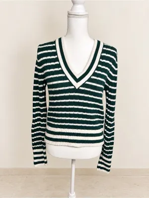 Madewell V-Neck Striped Sweater Striped V-Neck Cotton Cashmere Sweater in Green thumbnail 2