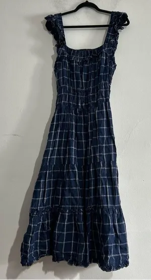 Anthropologie Magali Pascal Ruffled Linen Midi Dress Windowpane Large Wedding thumbnail 1