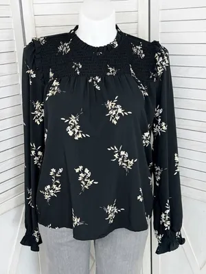 J. Crew Floral Smocked Ruffle Trim Blouse Black‎ Tan Large thumbnail 1