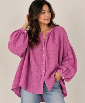 Free People Maddison Orchid Eyelet Oversized Balloon Sleeve Blouse XS thumbnail 1