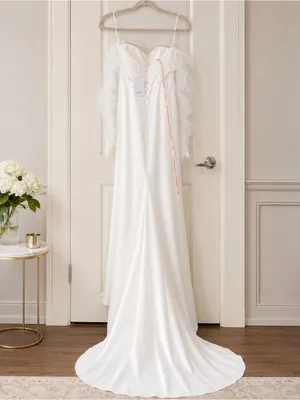 Lulu's Ivory Satin Wedding Dress with Ruffled Tulle Sleeves thumbnail 3
