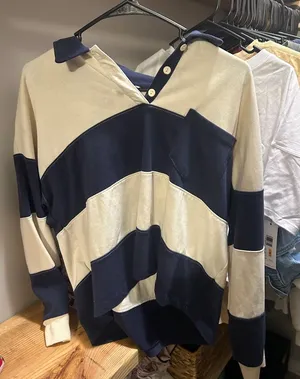 Striped Rugby Polo Shirt in Navy and Cream thumbnail 1