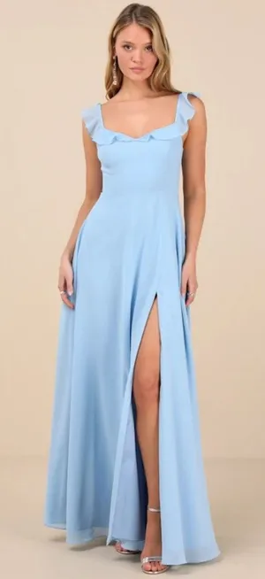 NWT Lulus Dreamy Admiration Light Blue Ruffled Maxi Dress Bridesmaid Formal XS thumbnail 1