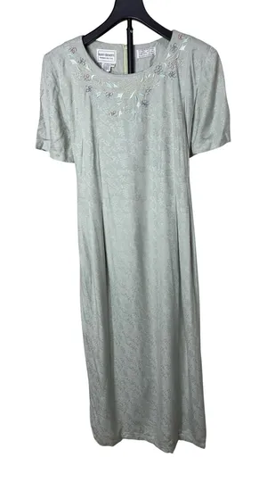 Karin Stevens Vintage 90s Sage Green Floral Damask Embroidered Maxi Dress‎ Large thumbnail 1