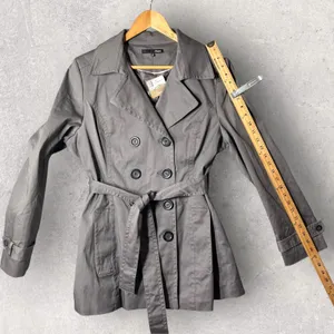 NEW Etam Trench Coat Womens US 12 Gray Double Breasted Belted‎ Stretch Jacket thumbnail 11