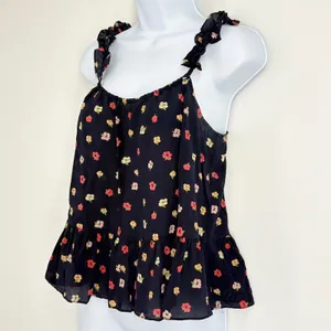 Madewell‎ Silk Floral Ruffle Peplum Cami Tank Top Womens Sz 2 Black Whimsigoth thumbnail 2
