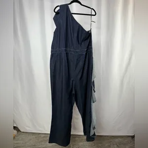 Eloquii One Shoulder Ruffle‎ Denim Jumpsuit in Blue Size 24 thumbnail 8