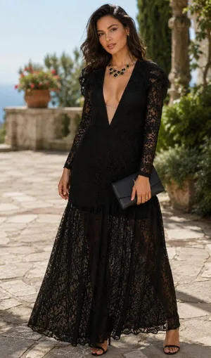 Bellevue Raven Long Sleeve Lace Raven Maxi Gown Wedding Guest Cocktail Small thumbnail 1