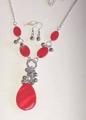 Silver Tone Red Teardrop Pendant Necklace and Earring Set thumbnail 1