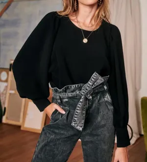 Sézane Black Benedicte Poof Button Sleeve Blouse thumbnail 1