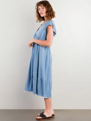 Billy T Lovestruck Denim Lyocell Midi Dress Frayed Trim Blue Size Small $148 thumbnail 3