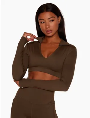 SET ACTIVE long-sleeved, collared brown crop top size small thumbnail 2