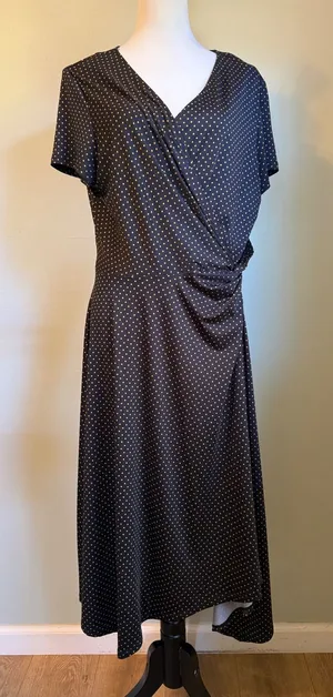 Perceptions Polka Dot Faux Wrap Midi Dress Gold XL Short Sleeve retro rockabilly y2k whimsig thumbnail 1