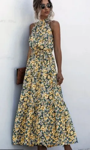 Sleeveless Yellow Floral Halter Maxi Dress Size Small Stunning Piece Never Worn thumbnail 1
