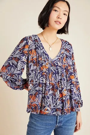 Anthropologie Maeve Cathy Pleated Blouse Boho Peasant Botanical Floral V-neck M thumbnail 1