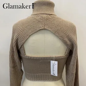 2 piece set winter turtleneck crop sweaters vest backless‎ knitted new ju… thumbnail 3